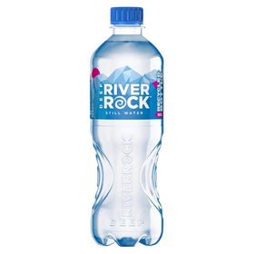 a bottle of river rock water on a black background