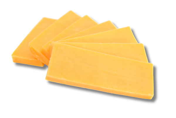 four slices of cheddar cheese on a black background