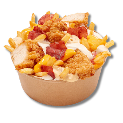 Taco bowl with chips chicken goujons bacon and cheese