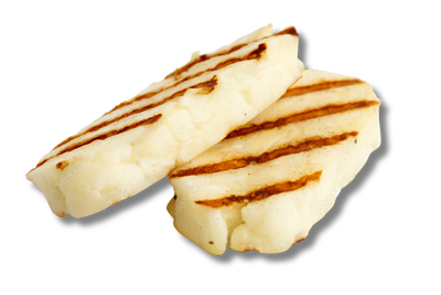 two pieces of grilled halloumi cheese on a black background