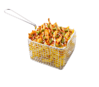 a basket filled with french fries and sweet potatoes fries with jalapenos cheese sauce and diced bacon